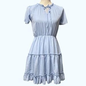 Light Blue Tiered Ruffle Dress Short Sleeve Tie Neck Cottagecore XXL